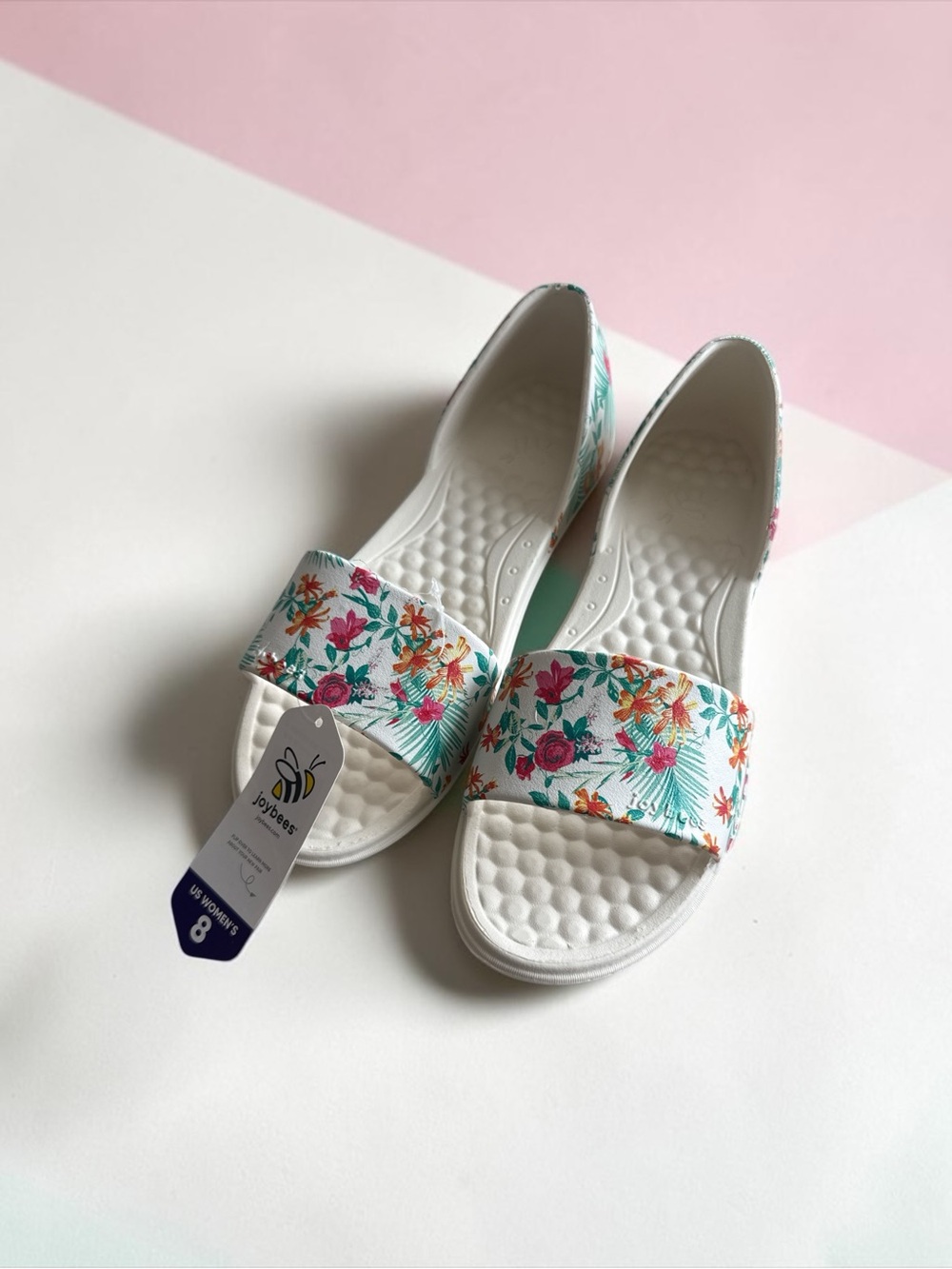 New Joybees  Women’s White Floral Slide Sandals Size 8